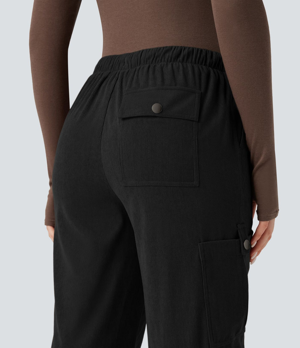 Pantalon jogging cargo velours côtelé coupe droite taille mi-haute avec cordon de serrage et poches