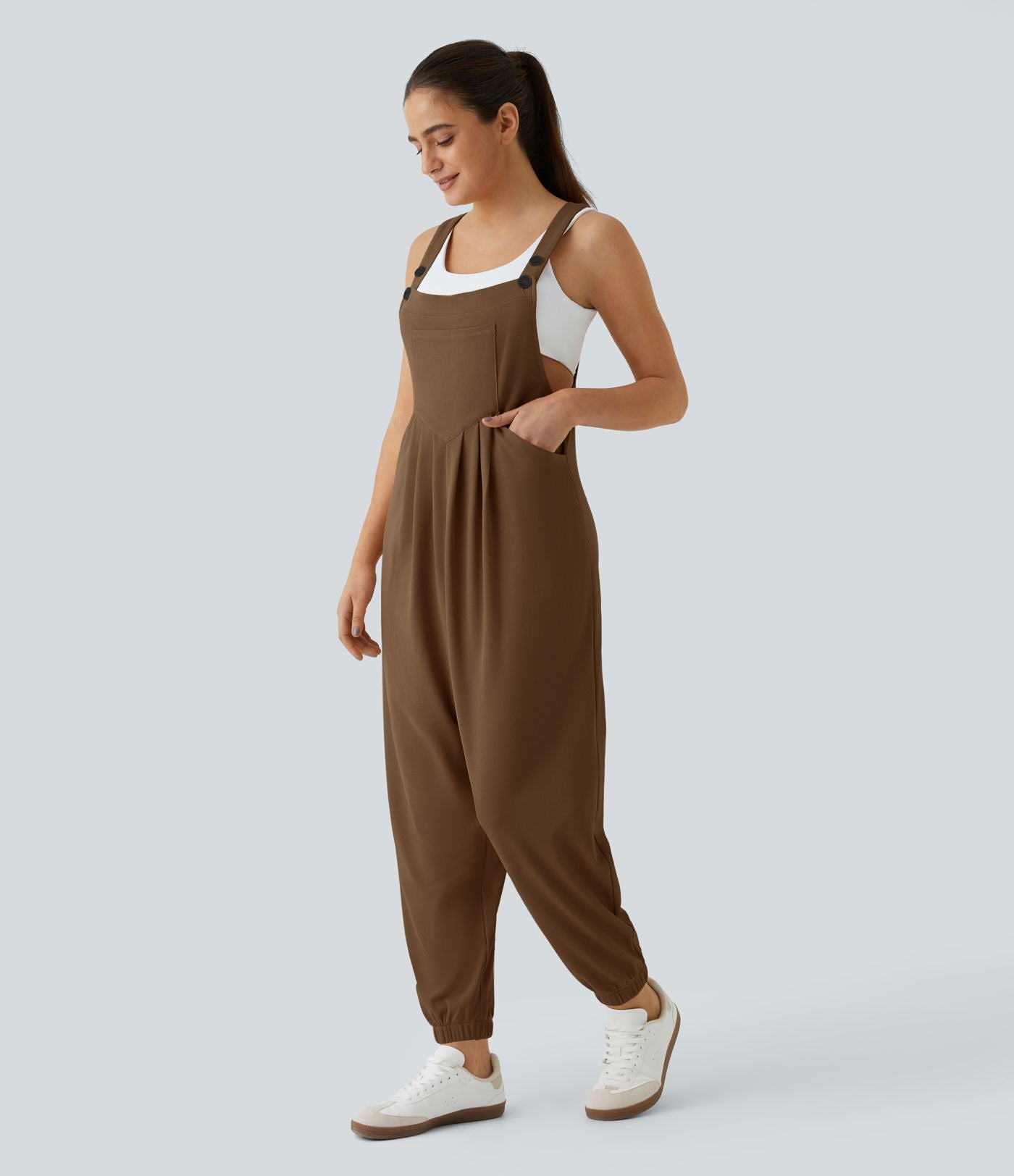 Salopette Casual Bretelles Ajustables Boutonnés Multiples Poches Plis et Tissu Gaufré