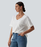 T-shirt casual ample col cœur manches courtes retroussées en coton slub avec poche