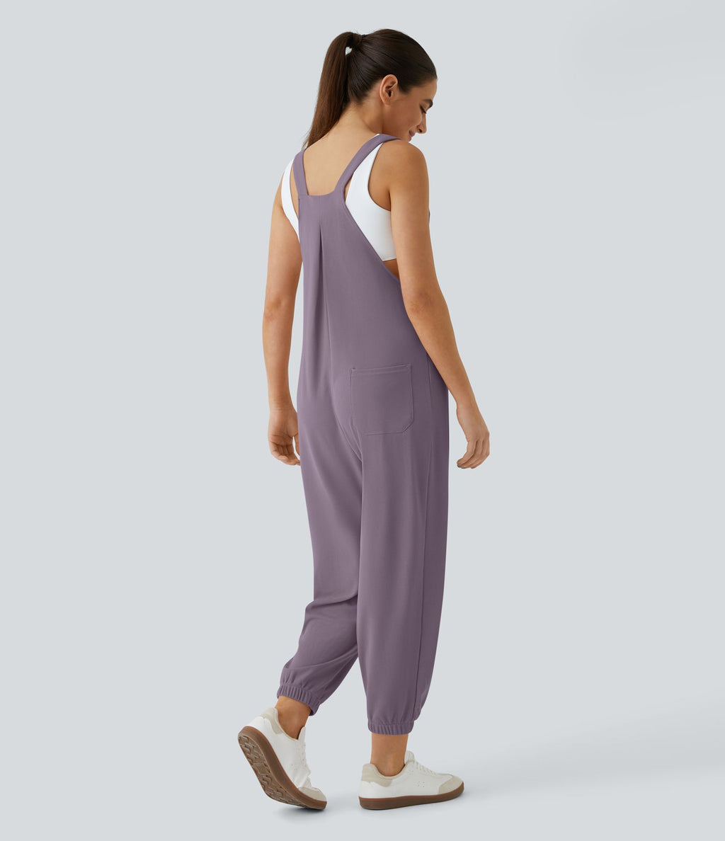 Salopette Casual Bretelles Ajustables Boutonnés Multiples Poches Plis et Tissu Gaufré