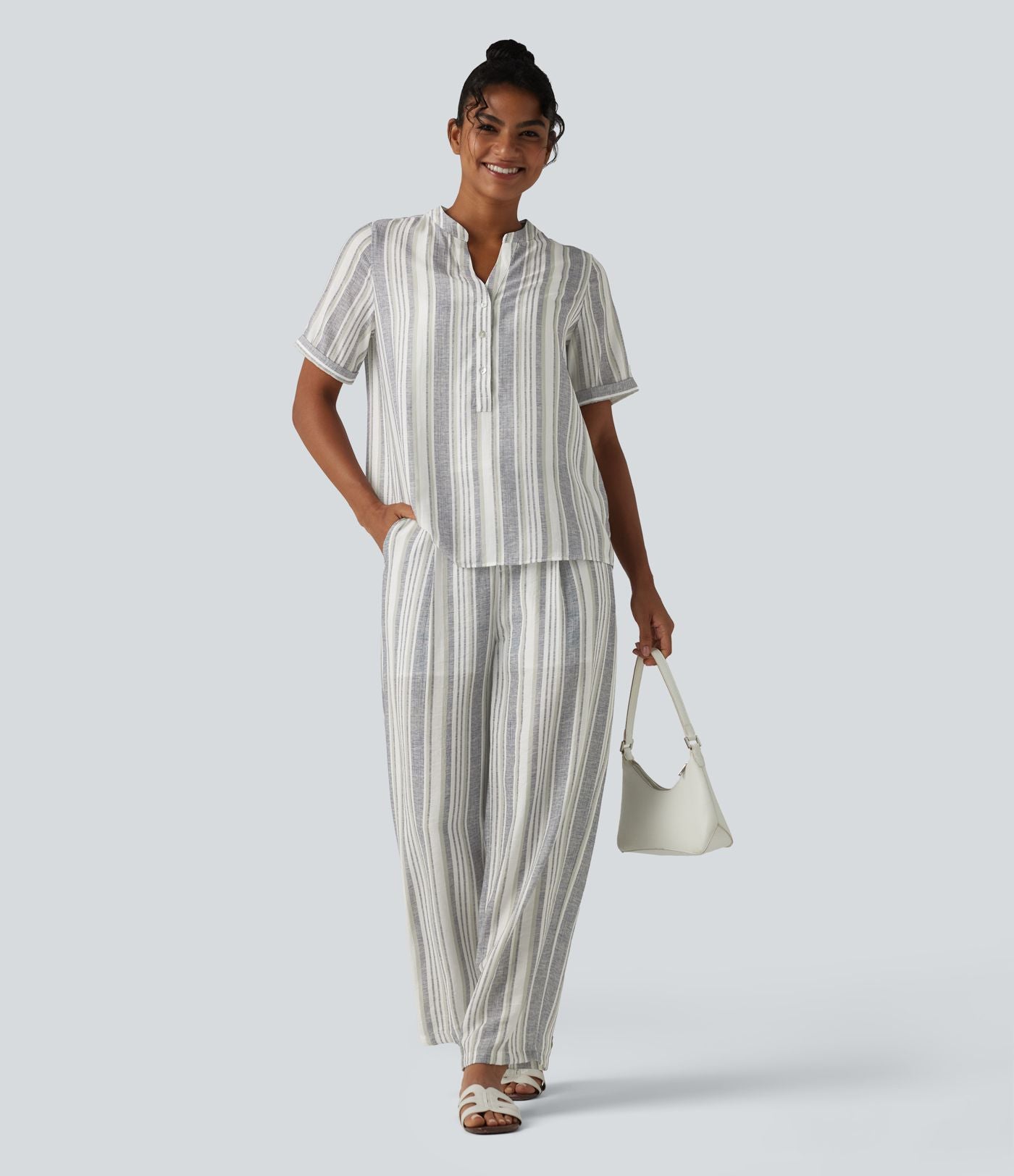 Pantalon casual large rayé taille haute avec poches