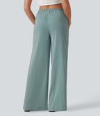 Pantalon large fluide casual 2 en 1 taille mi-haute avec cordon de serrage, dentelle contrastante, poches et aspect lin