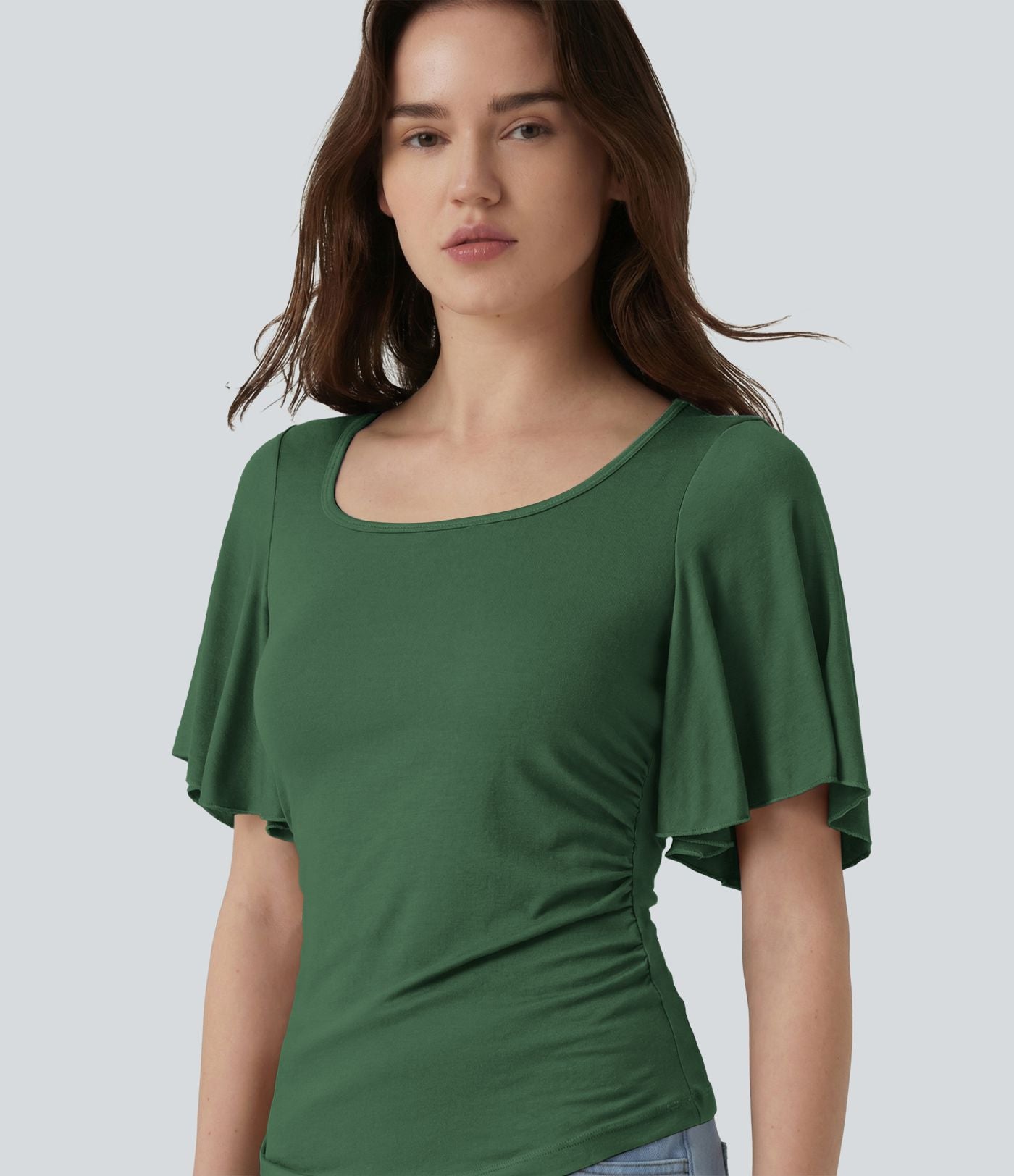 T-shirt décontracté maille côtelée col carré manches papillon froncé