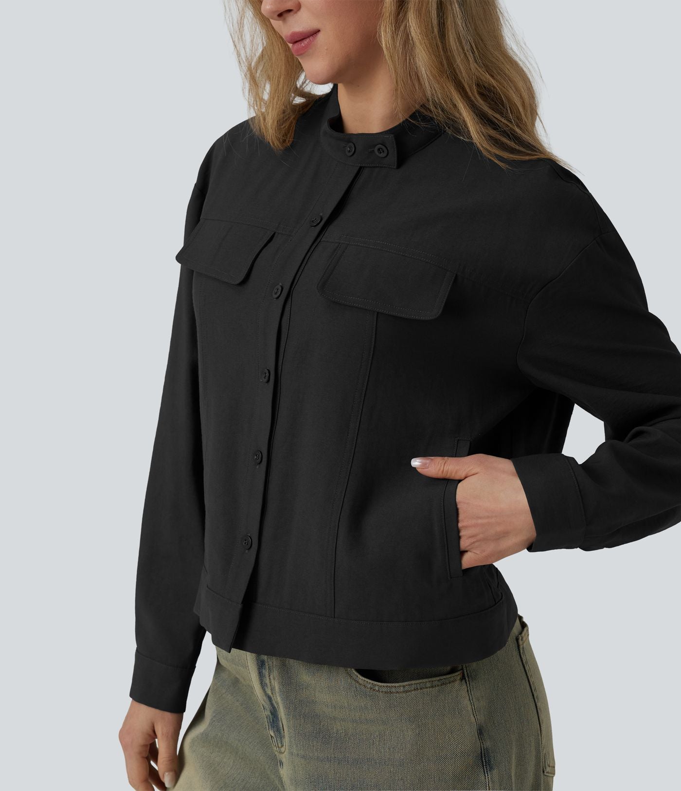 Veste cargo casual col montant manches longues avec poches