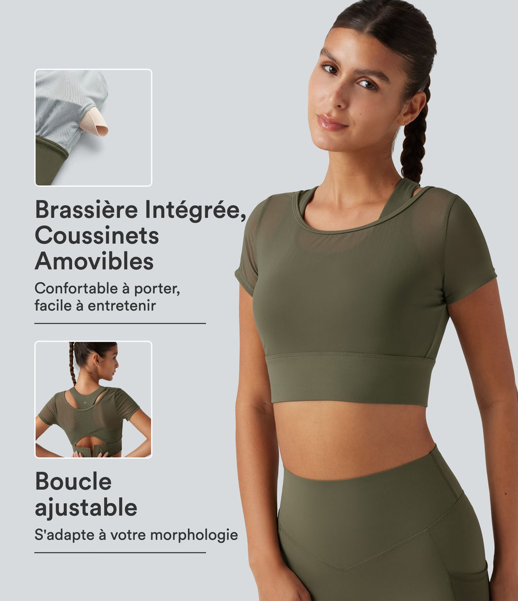 Crop top de running effet frais InstantCool à séchage rapide avec encolure bateau, mesh contrasté, manches courtes, coussinets amovibles et protection solaire UPF50+