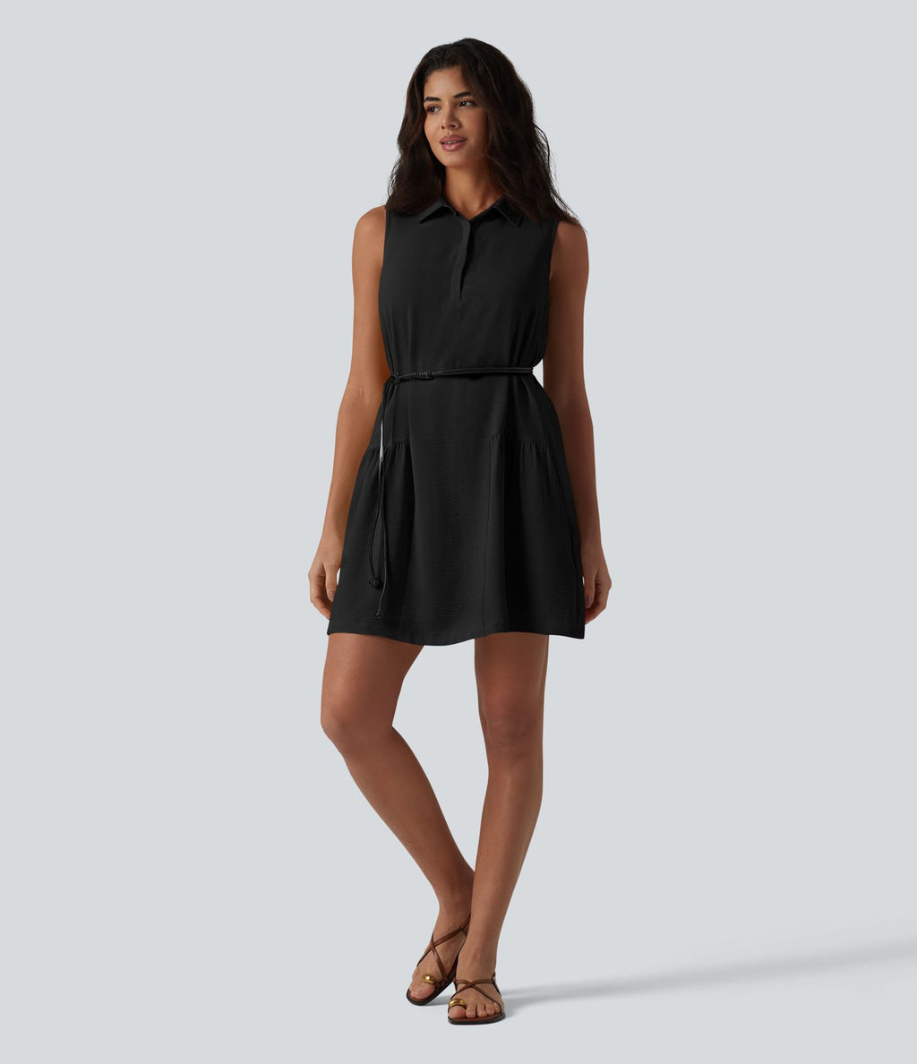 Robe-chemise courte casual sans manches aspect lin, avec poches