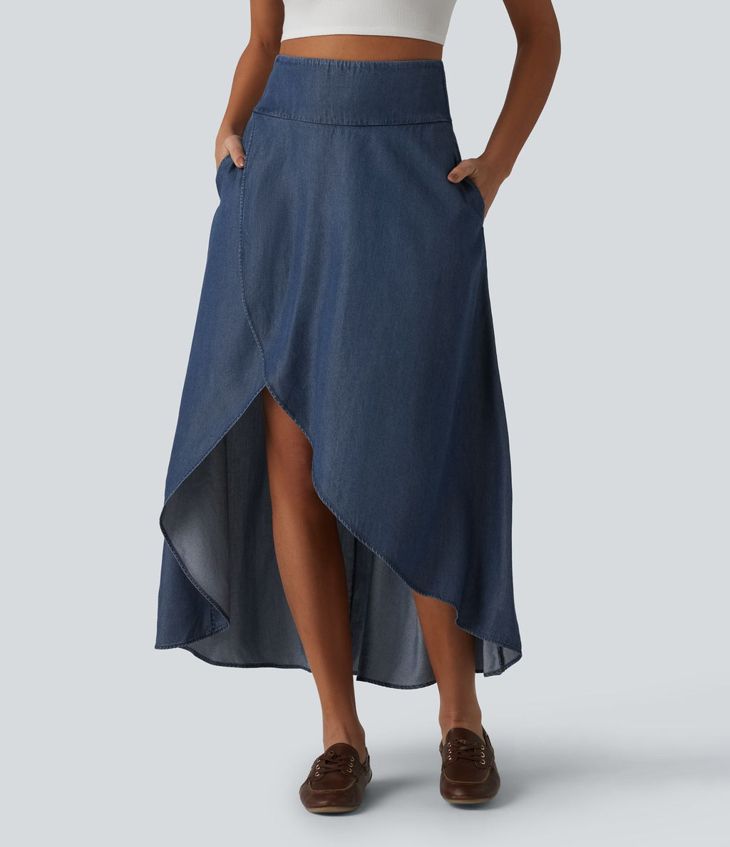 Jupe en jean midi fluide drapée en lyocell taille haute avec fermeture éclair invisible, ourlet asymétrique et poches