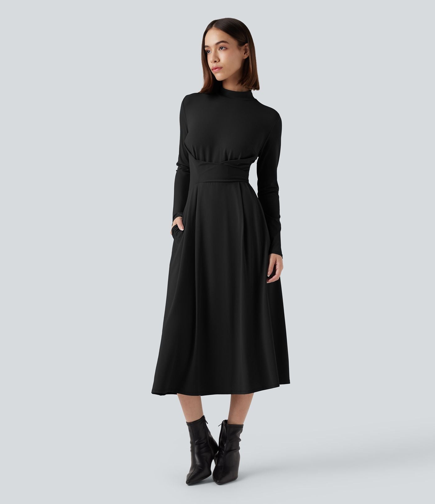 Robe de travail mi-longue col montant à manches longues avec poches