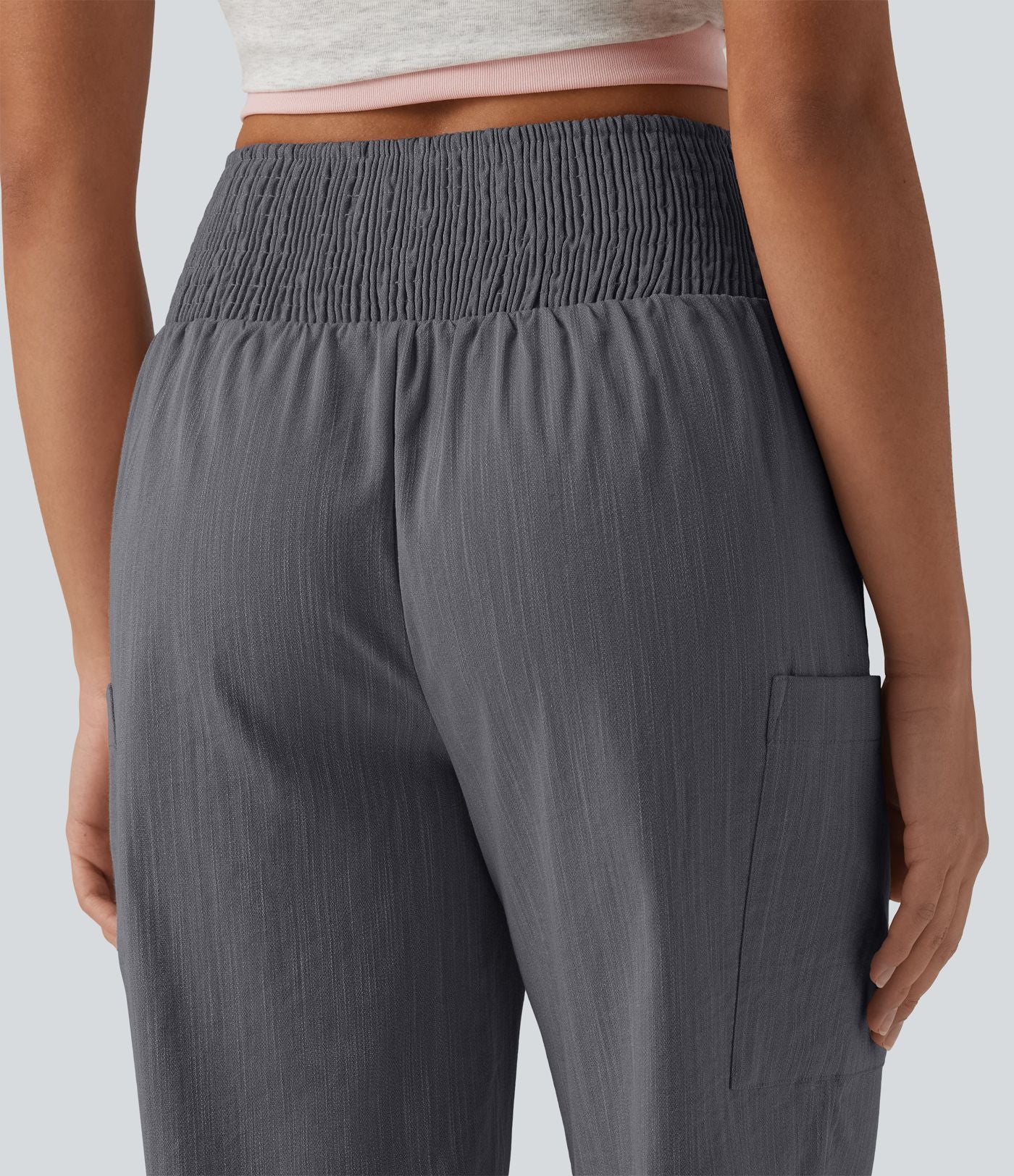 Jogging fuselé décontracté aspect lin froncé taille haute avec poches