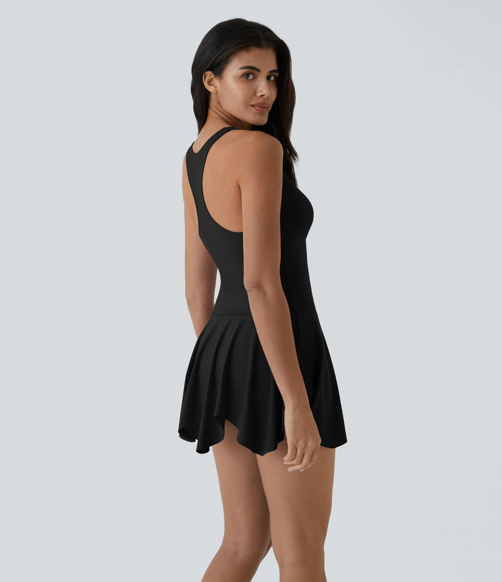 Robe Casual Mini Évasée 2-en-1 à Col V Profond Dos Nageur et Poches Latérales