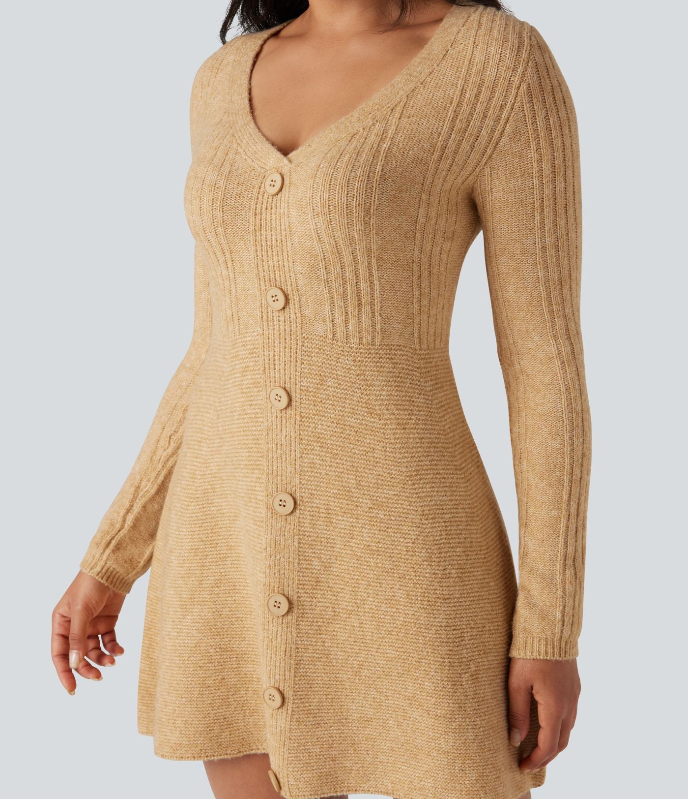 Robe pull courte col V manches longues