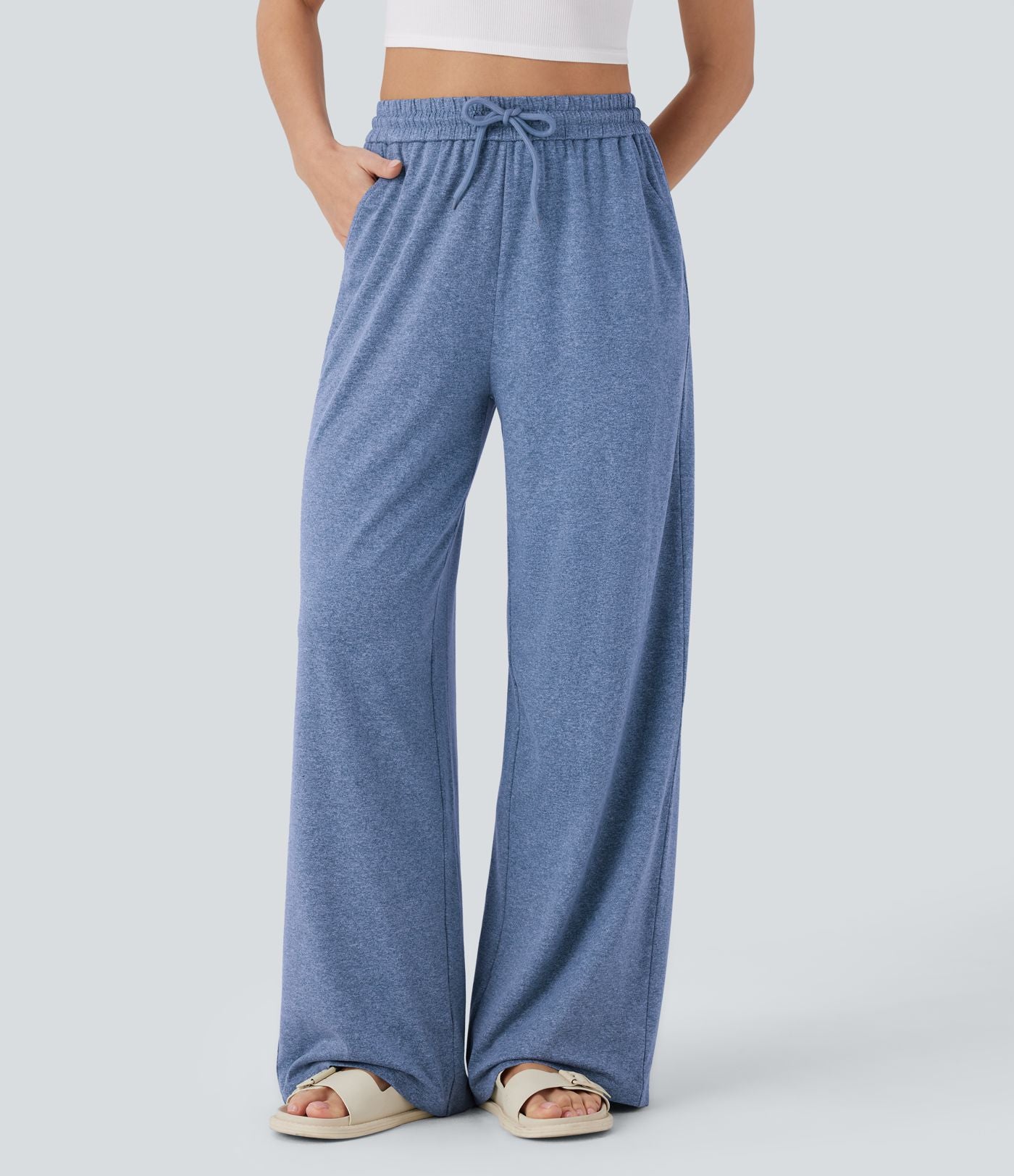 Pantalon large décontracté taille haute avec cordon de serrage et poches latérales