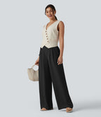 Pantalon détente  effet lin taille haute, cordon latéral avec poches