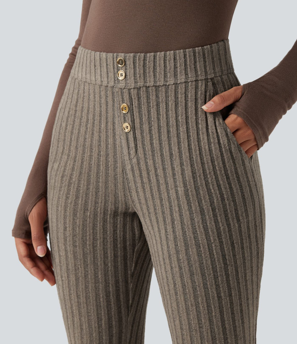 Pantalon évasé côtelé taille mi-haute boutonnage ourlet fendu avec poches
