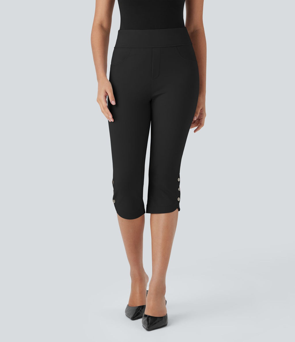 Pantalon Corsaire de Costume Taille Haute avec Poches Arrière et Boutons Pression