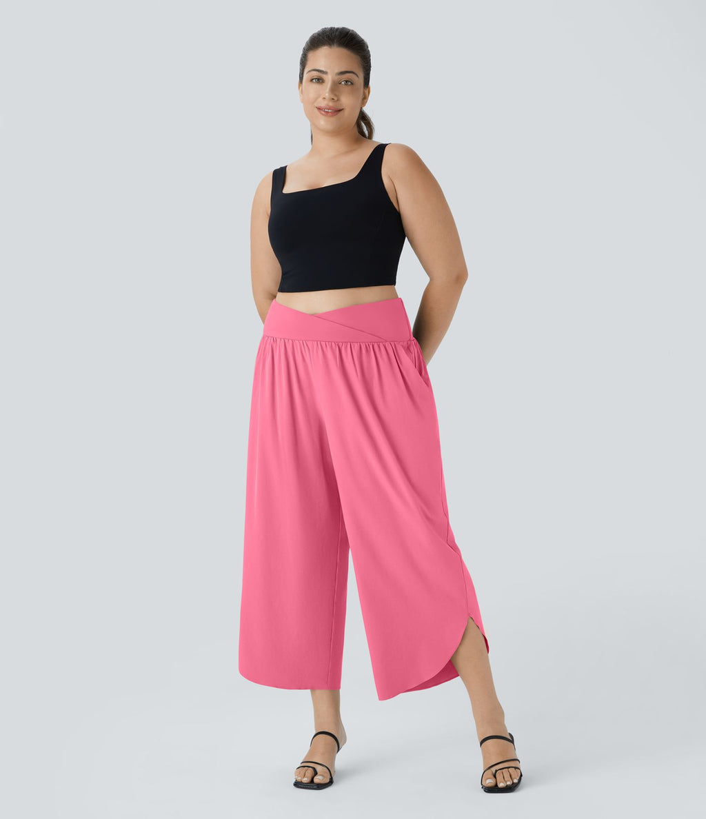 Breezeful™ Pantalon de Vacances Grande Taille Taille Haute avec Découpe Croisée Plissé Poche Latérale Fente et Séchage Rapide