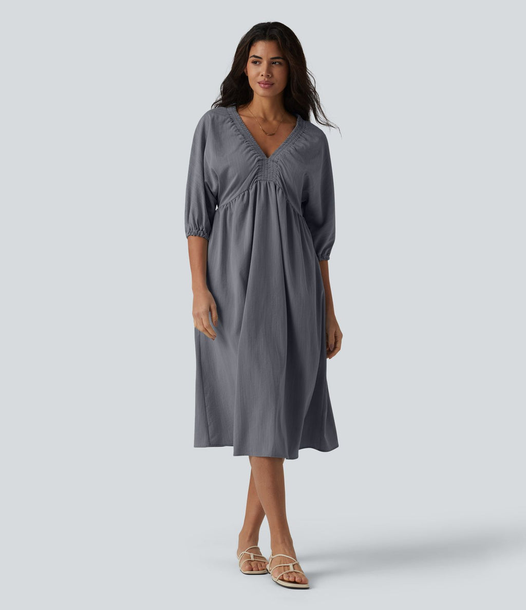 Robe midi casual col V à manches trois-quarts aspect lin, avec poches