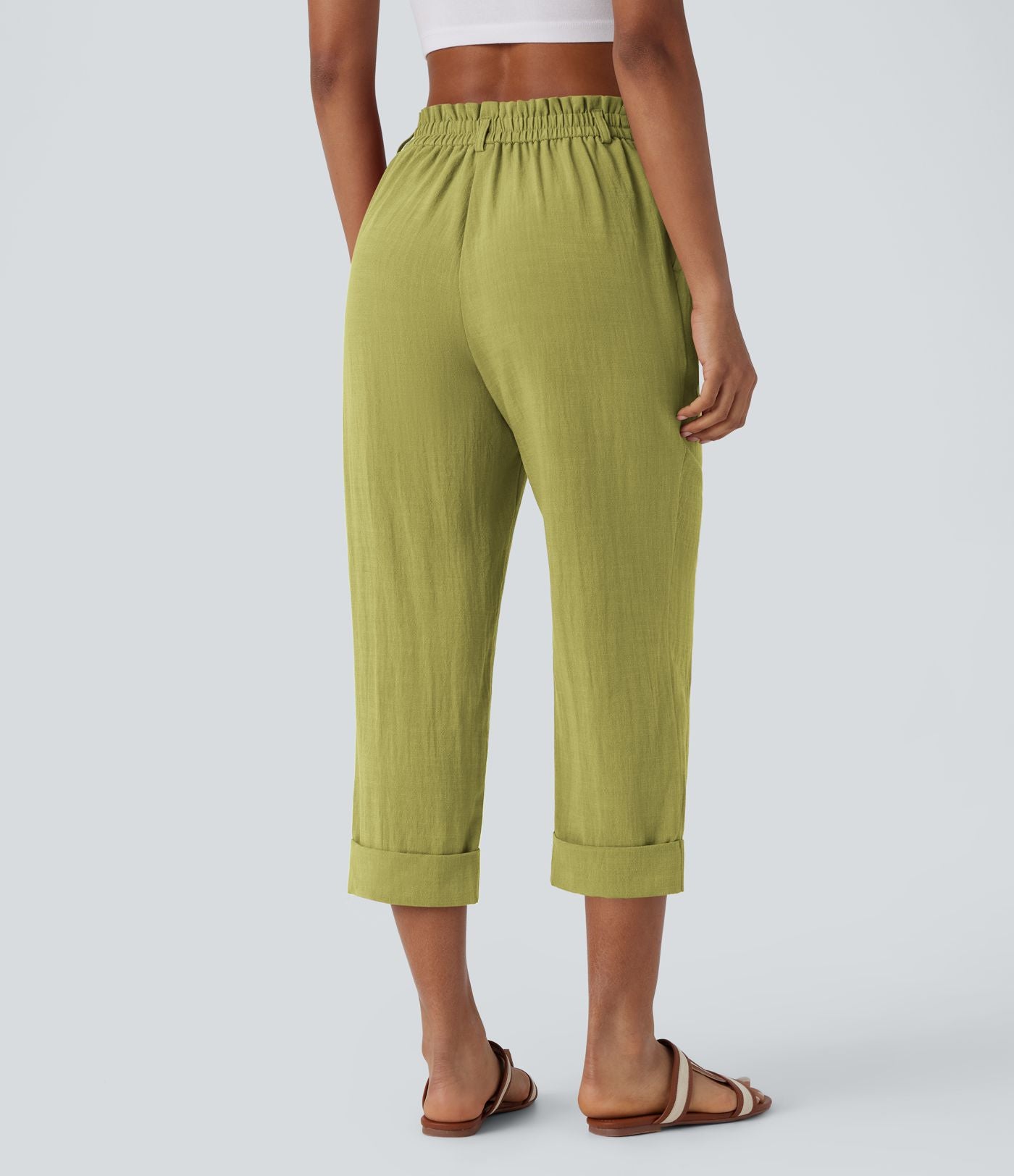 Pantalon capri effet lin taille haute avec poches zippées