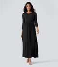 Robe longue fluide décontractée maille côtelée col rond manches 3/4 avec poches
