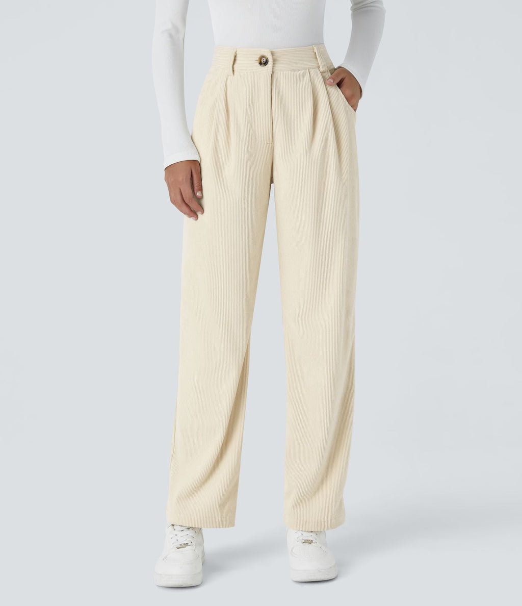 Pantalon en velours côtelé décontracté taille moyenne avec poches latérales