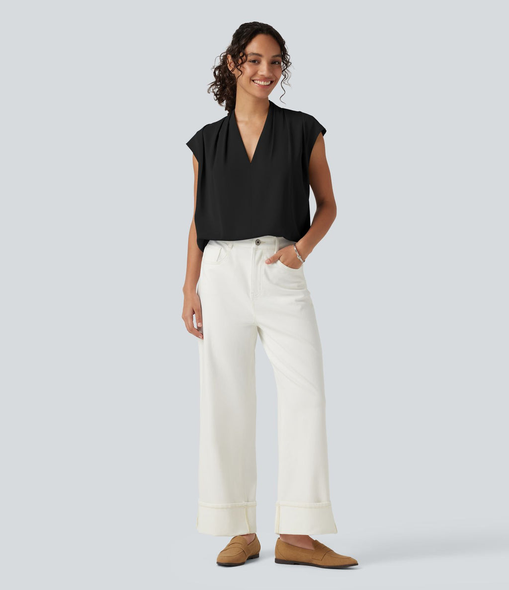 Blouse sans manches défroissage facile, col V, fronces et coupe boxy