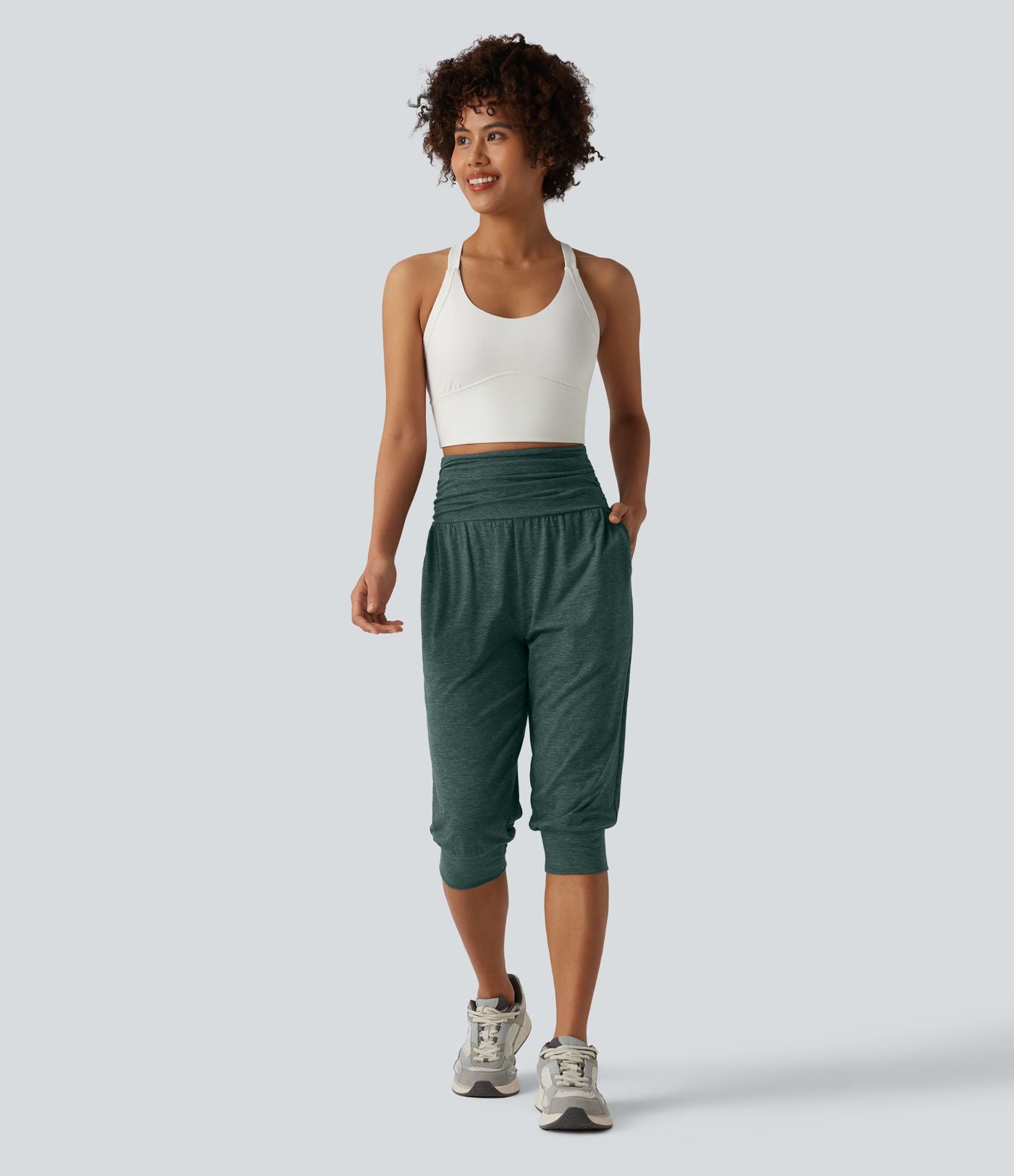 Jogging yoga corsaire chiné taille haute à fronces avec poches