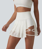 Jupe mini de danse 2-en-1 taille haute plissée dentelle contrastée ourlet asymétrique avec poches