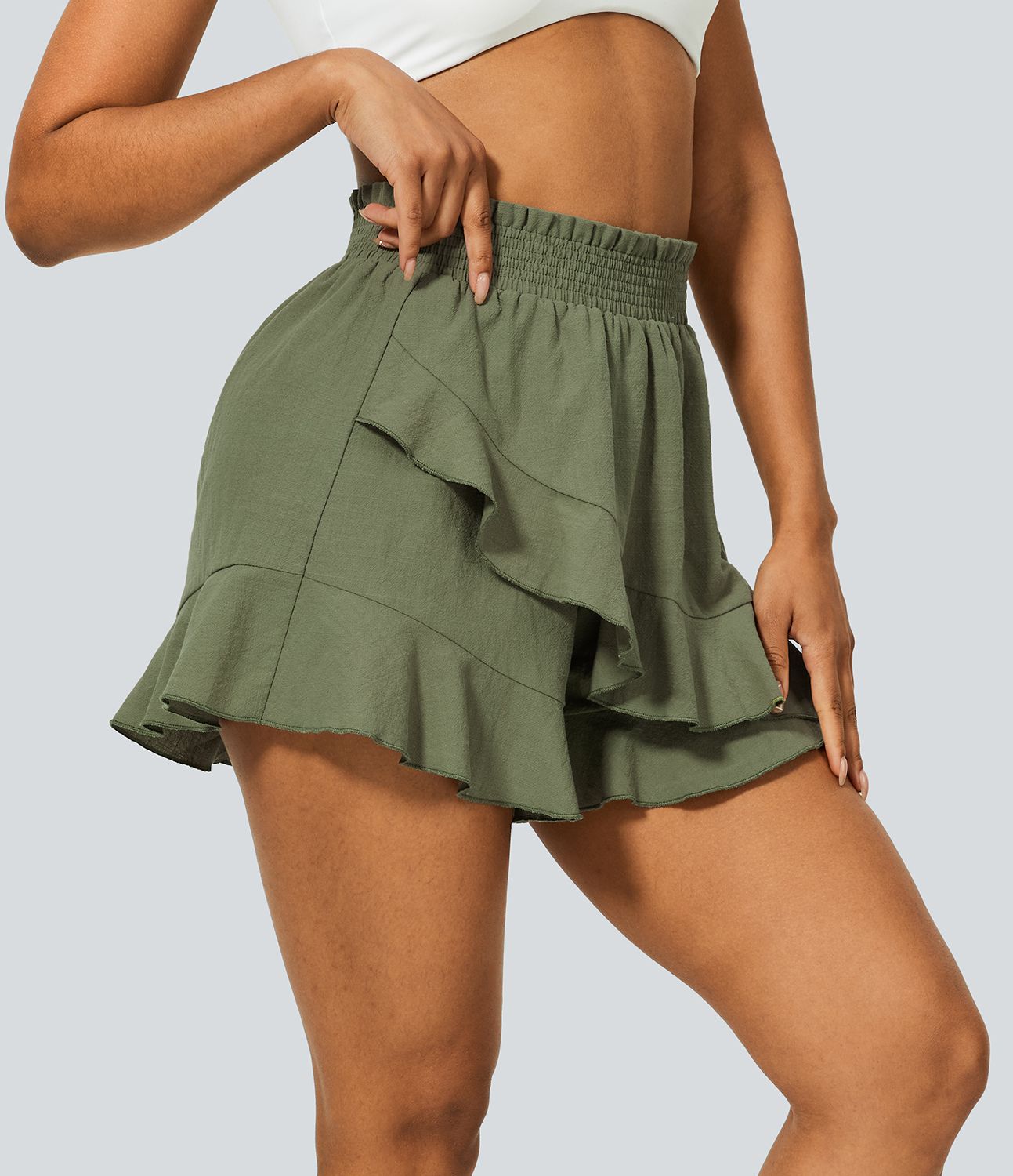 Short Évasés Casual à Taille Haute avec Volants Frisés et Effet Lin