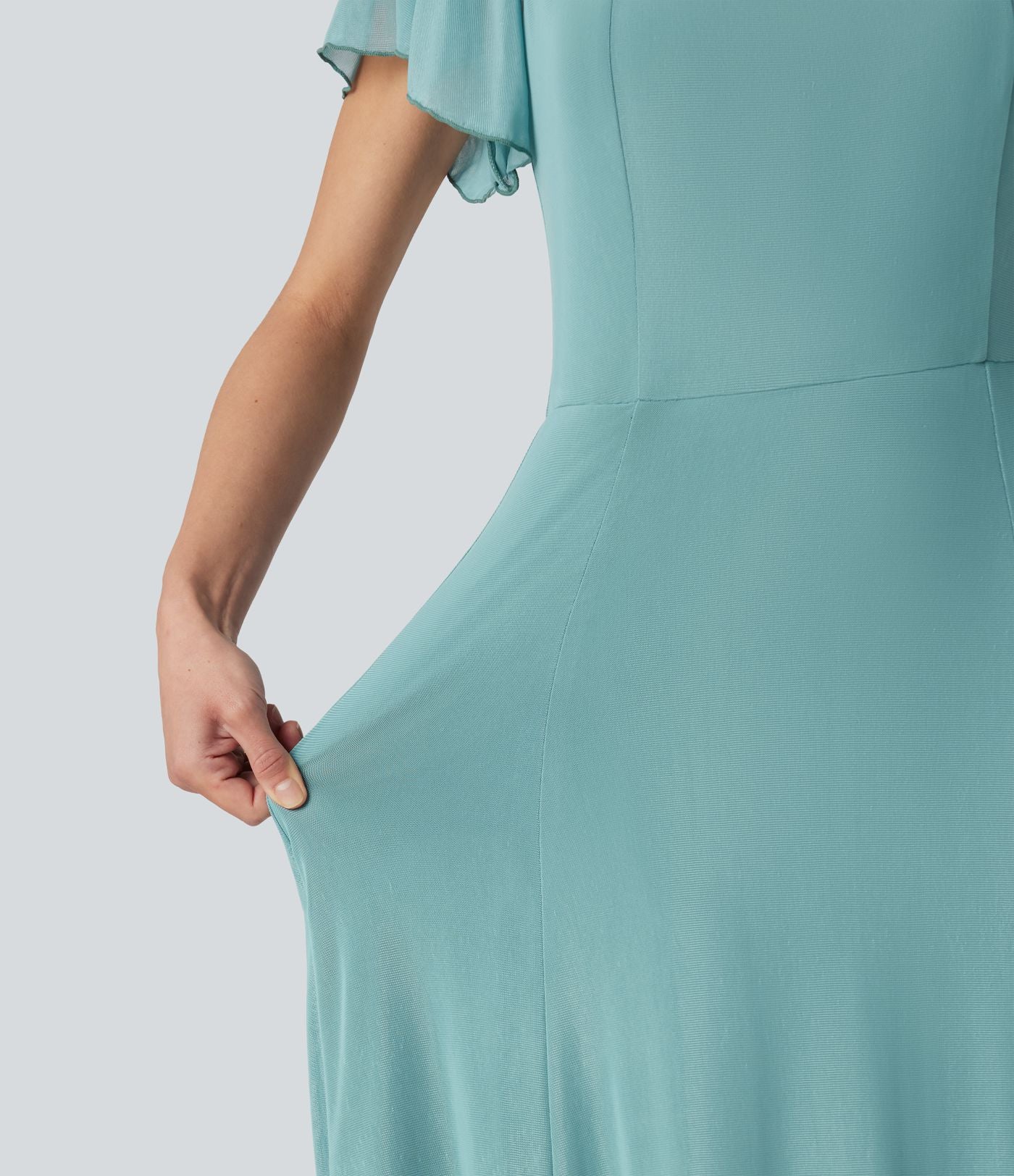 Robe maxi fluide col carré manches courtes soutien-gorge intégré dos noué