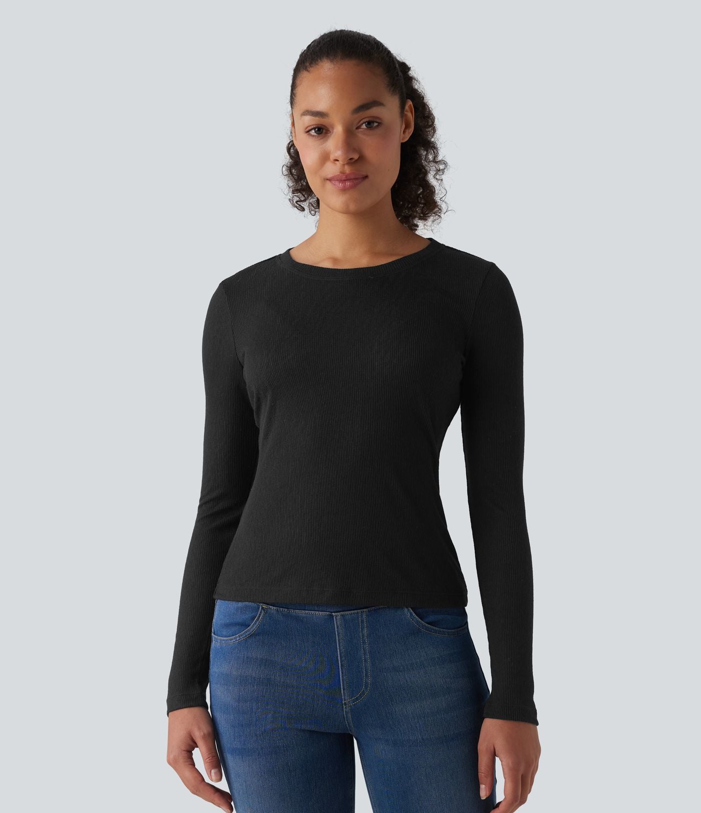 T-shirt décontracté maille côtelée semi-transparent col rond manches longues
