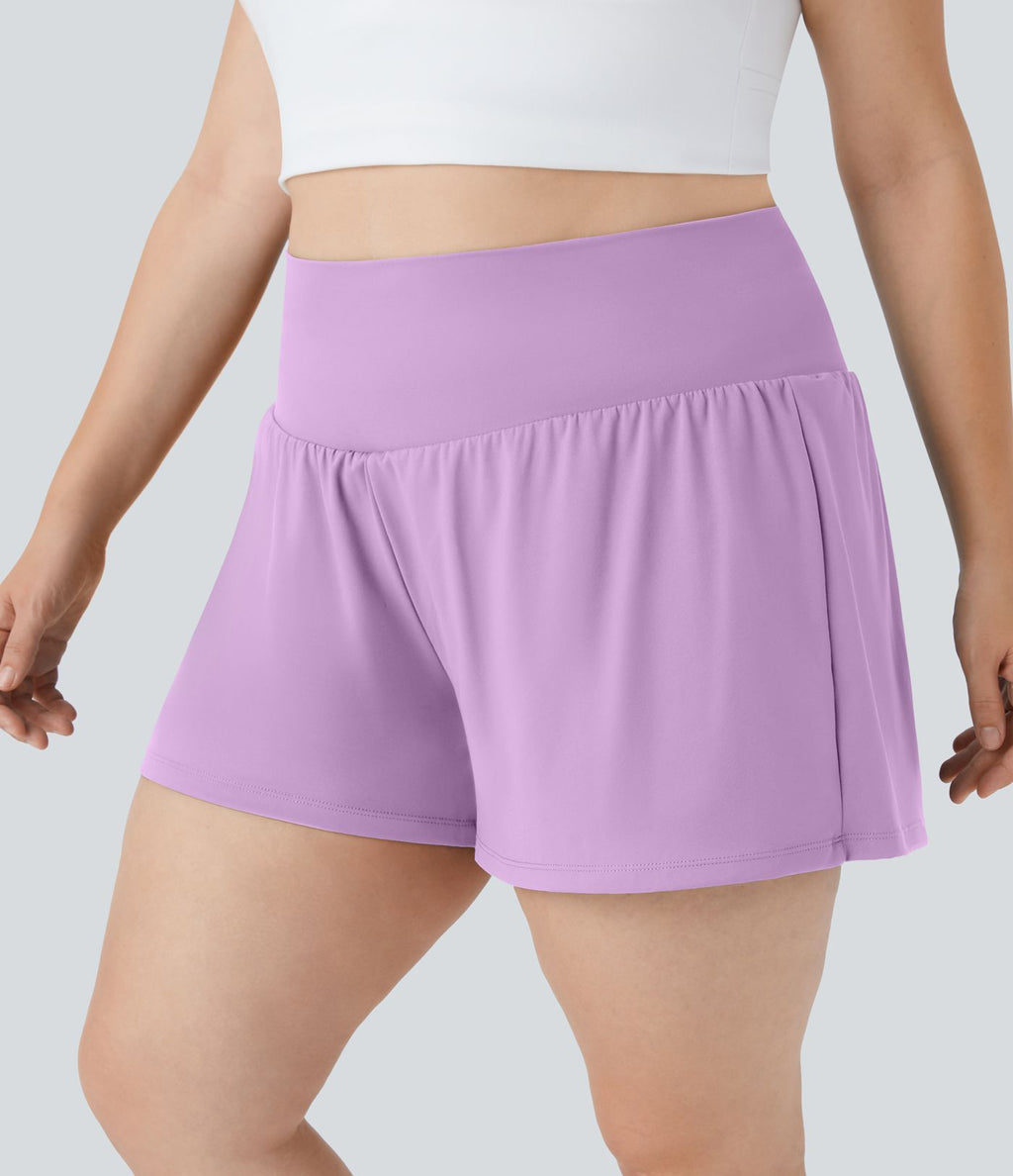 Short Yoga 10cm Plus Longue Taille Ultra Haute 2 en 1 Poche Arrière Poche Cachée Latérale Grande Taille