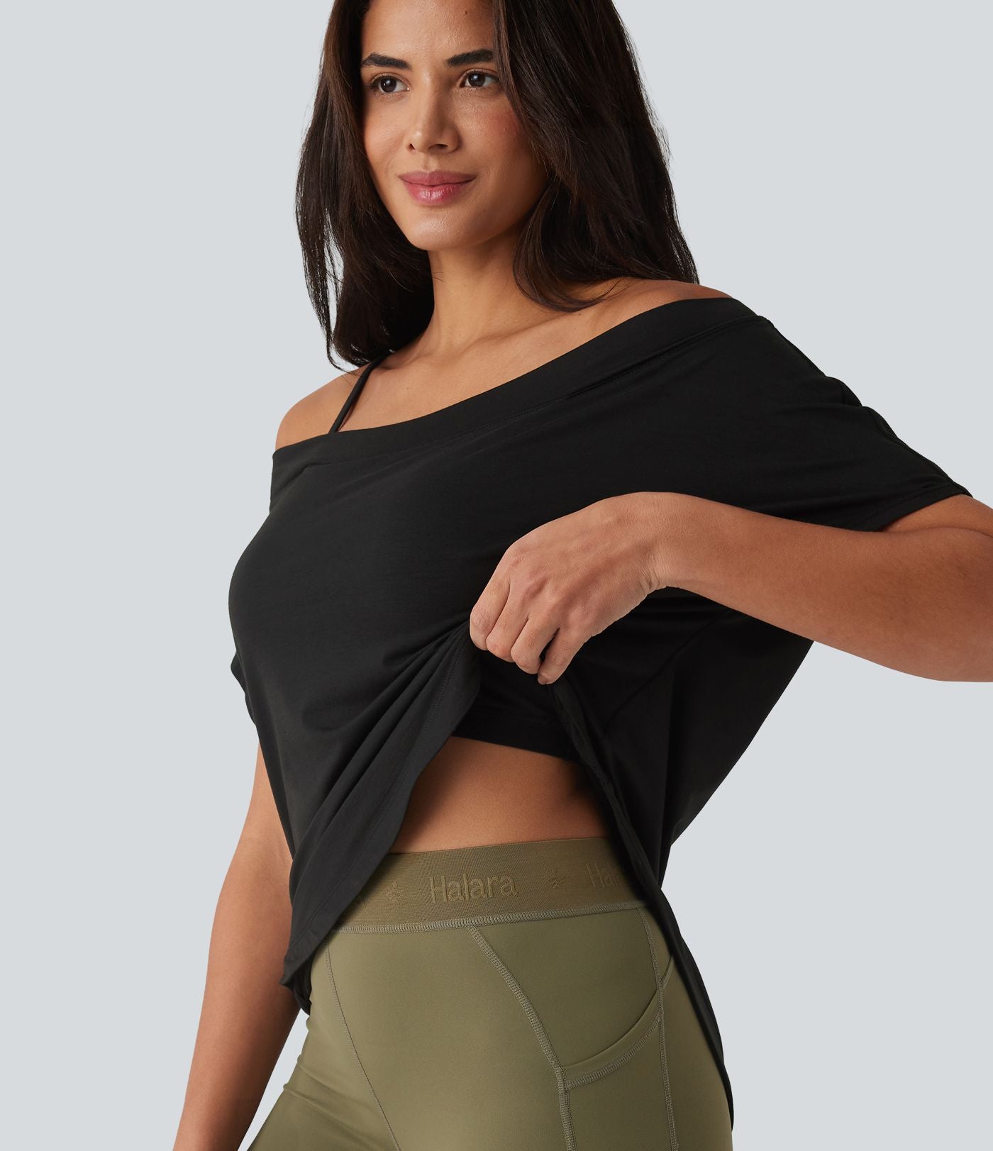 Top de yoga à une épaule, manches courtes, ourlet asymétrique et soutien-gorge intégré à séchage rapide