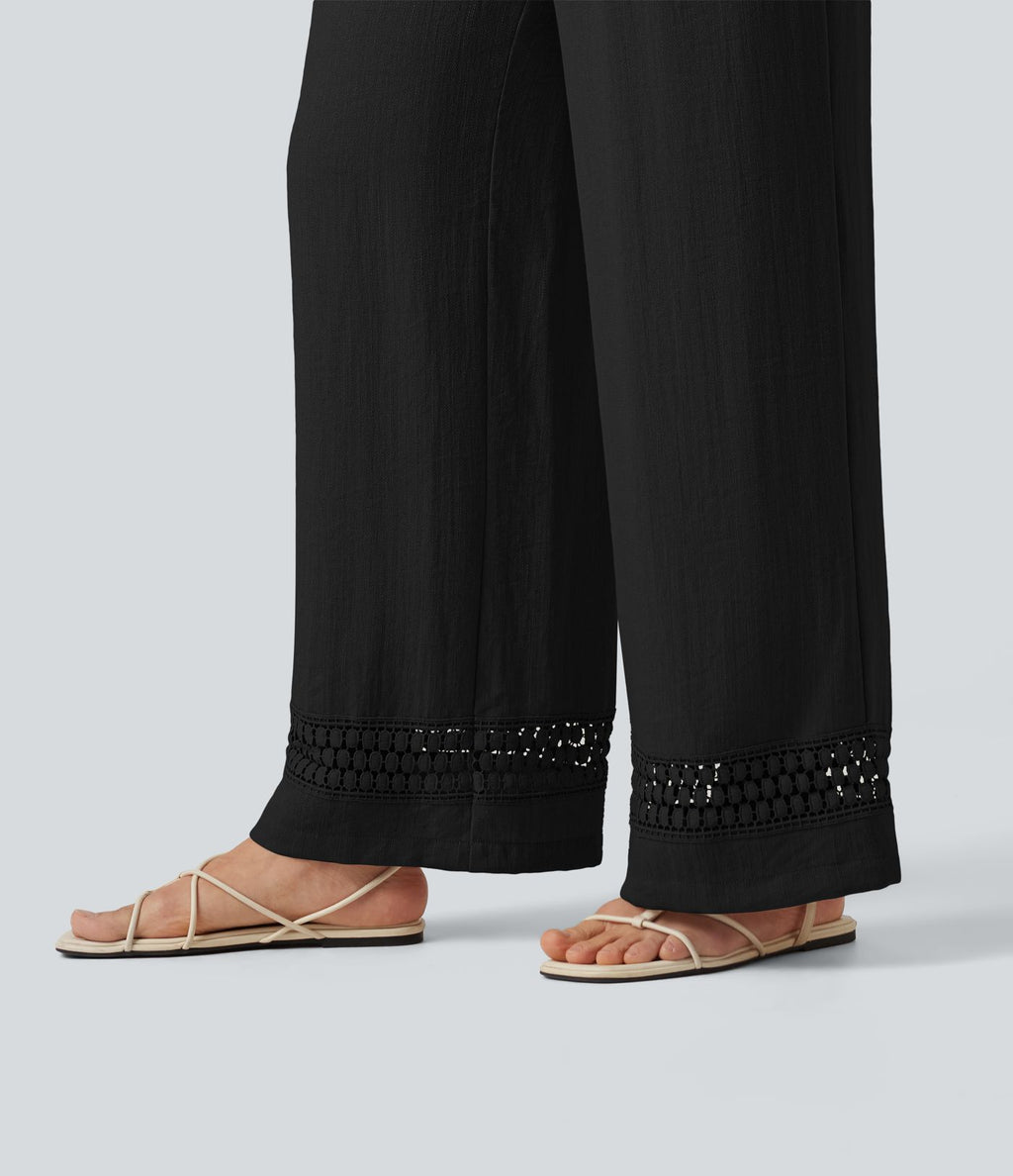 Pantalon effet lin taille haute avec cordon de serrage, bord volanté et poches