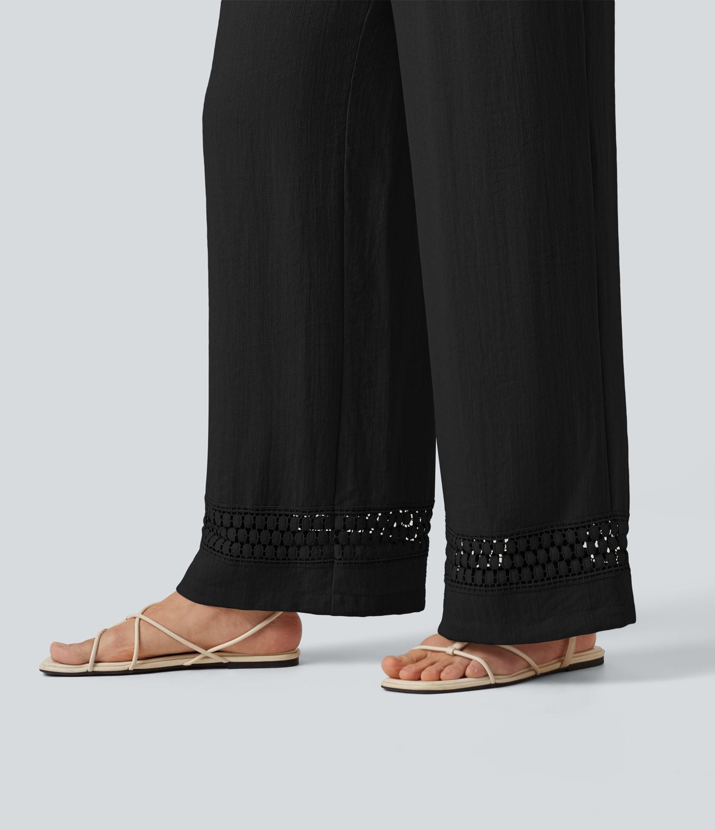 Pantalon effet lin taille haute avec cordon de serrage, bord volanté et poches