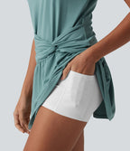 Robe mini casual 2 pièces col rond manches courtes dos goutte d'eau avec poches