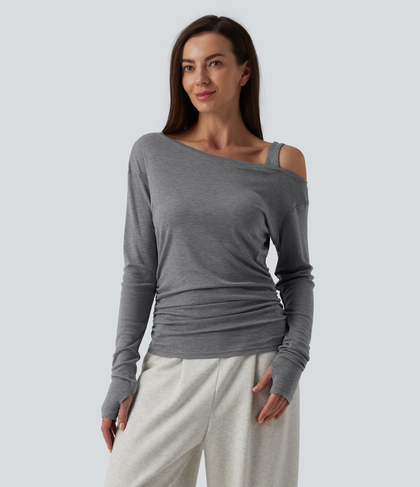 T-shirt décontracté asymétrique en mélange de laine à une épaule et manches longues