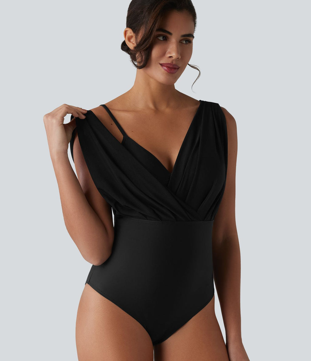 Maillot de bain une pièce col V sans manches ventre plat soutien-gorge intégré