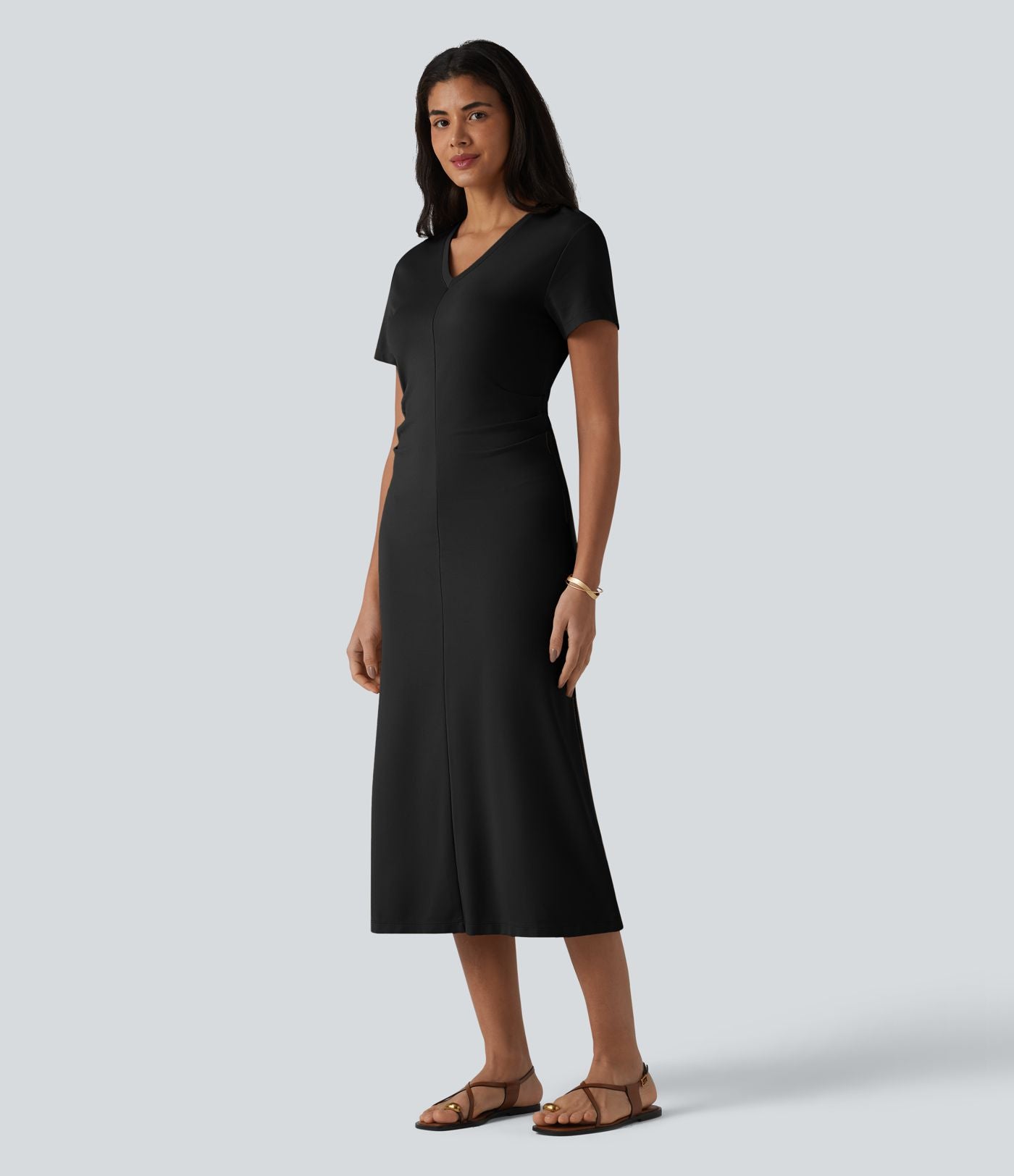 Robe midi décontractée à manches courtes et col en V en maille sculptante
