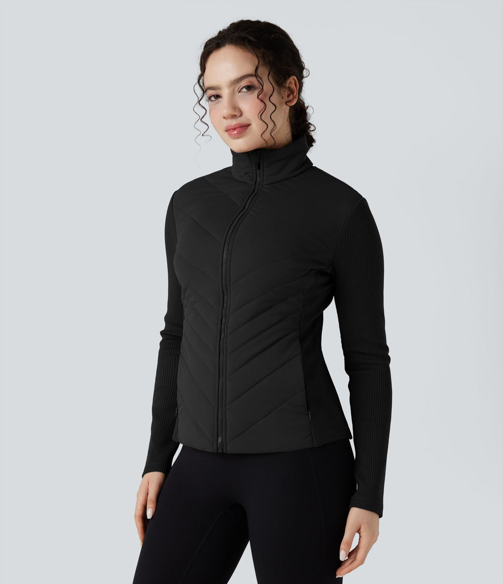Veste matelassée décontractée à col montant et coupe ajustée, côtelée et contrastée, avec poches
