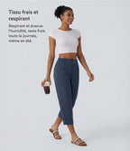 Pantalon capri effet lin taille haute avec poches zippées