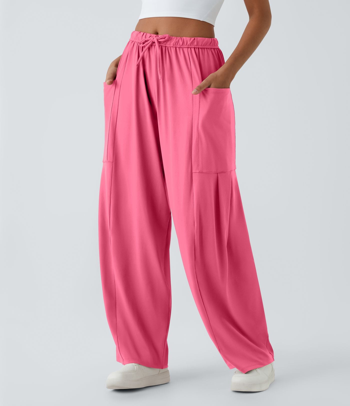 Pantalon Large Fluide Taille Mi-Haute Taille Élastique Cordon Poches Latérales Ourlet Flottant