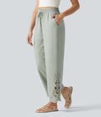 Pantalon large fluide décontracté taille haute à cordon de serrage en lyocell mélangé lin avec poches