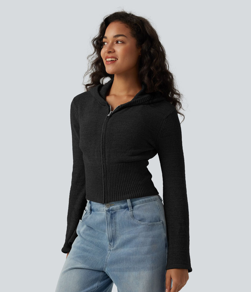 Gilet casual à capuche avec manches à volants et fermeture zippée