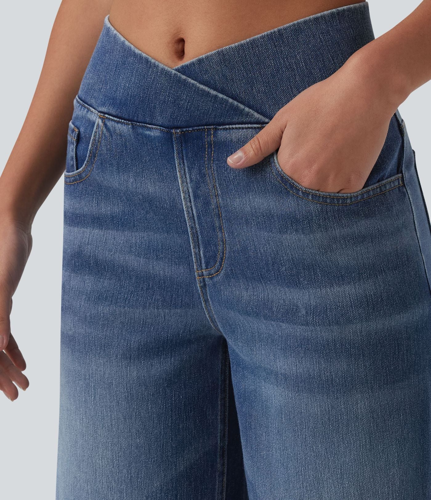 Halara Flex™ Jean large casual taille mi-haute croisée avec ourlet incurvé et poches