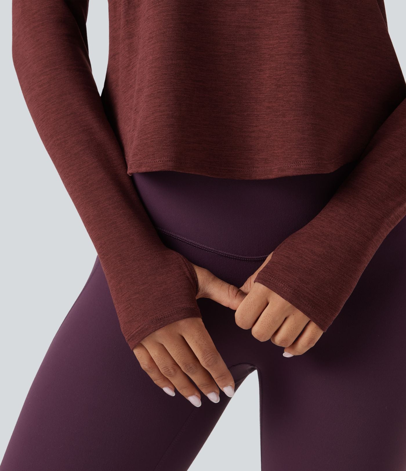 Top de sport yoga chiné col V manches longues avec trous pouces ourlet arrondi