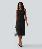 Robe casual mi-longue bodycon froncée col rond sans manches