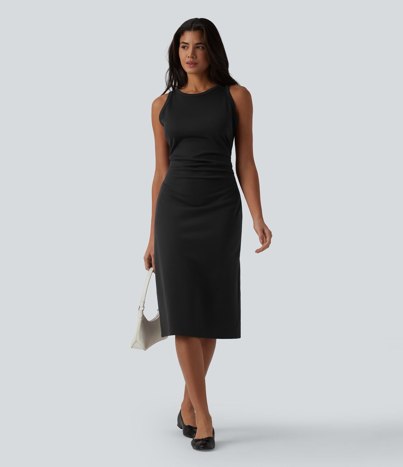 Robe casual mi-longue bodycon froncée col rond sans manches