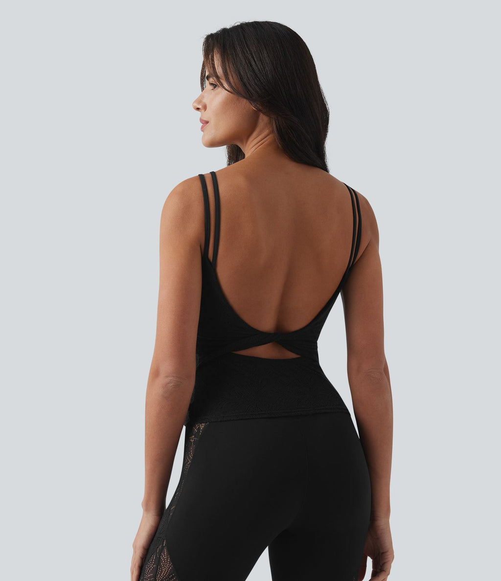 Débardeur yoga SoftlyZero™ col U dos nu torsadé dentelle avec brassière intégrée - longueur extended