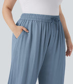 Pantalon décontracté grande taille large fluide taille haute effet lin avec cordon de serrage et poches