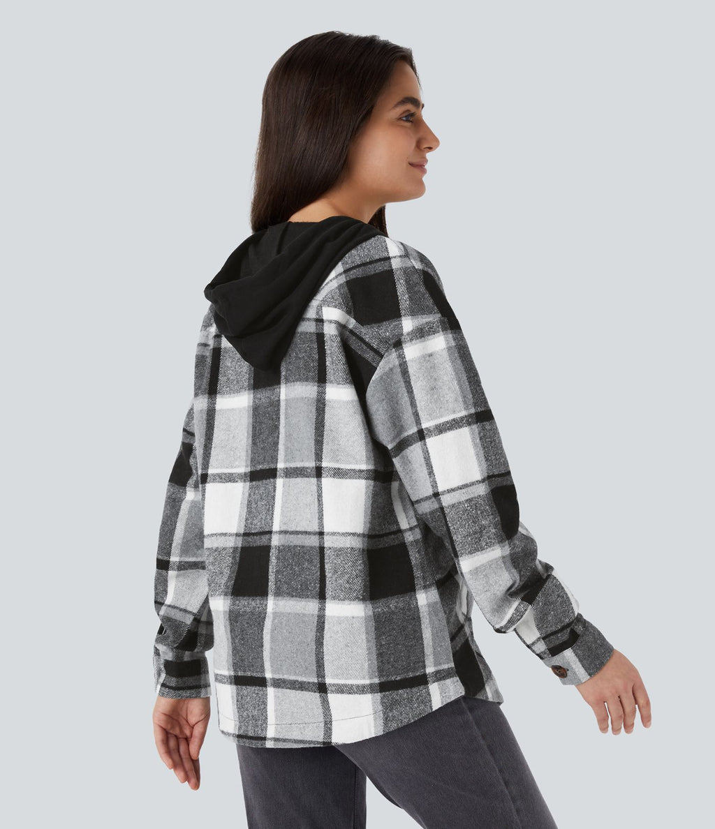 Veste de Casual à Carreaux en Polaire à Capuche avec Cordon de Serrage Boutons et Poches Latérales